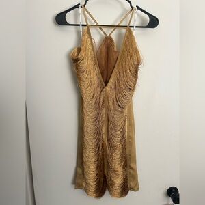 Gold Backless Fringe Slip Dress with Cross-Strap Back